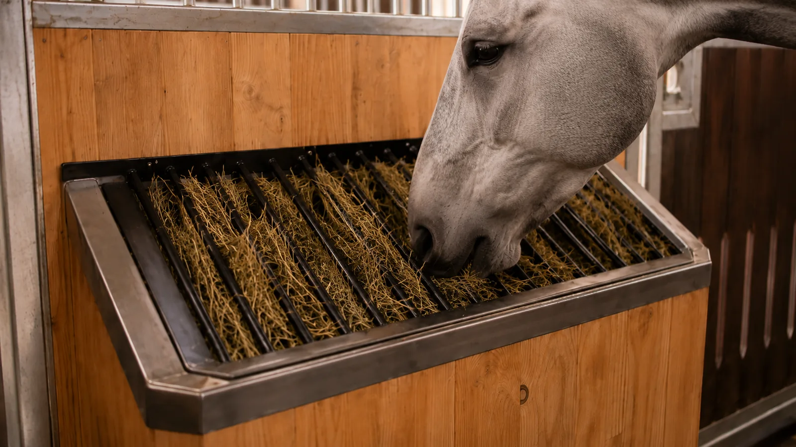 Pferd frisst mit gesenktem Kopf aus der HayHo-Raufe