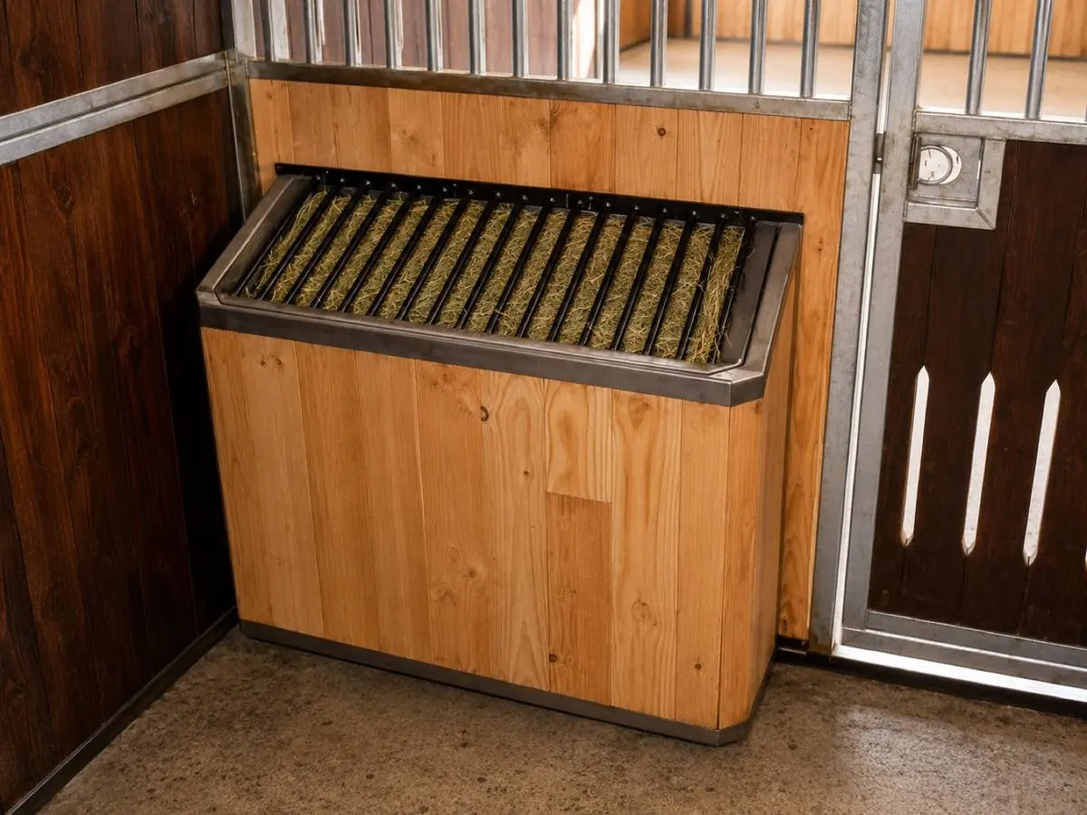 HayHo Heuraufe in der Pferdebox – Holzkorpus mit Fressgitter und Heu