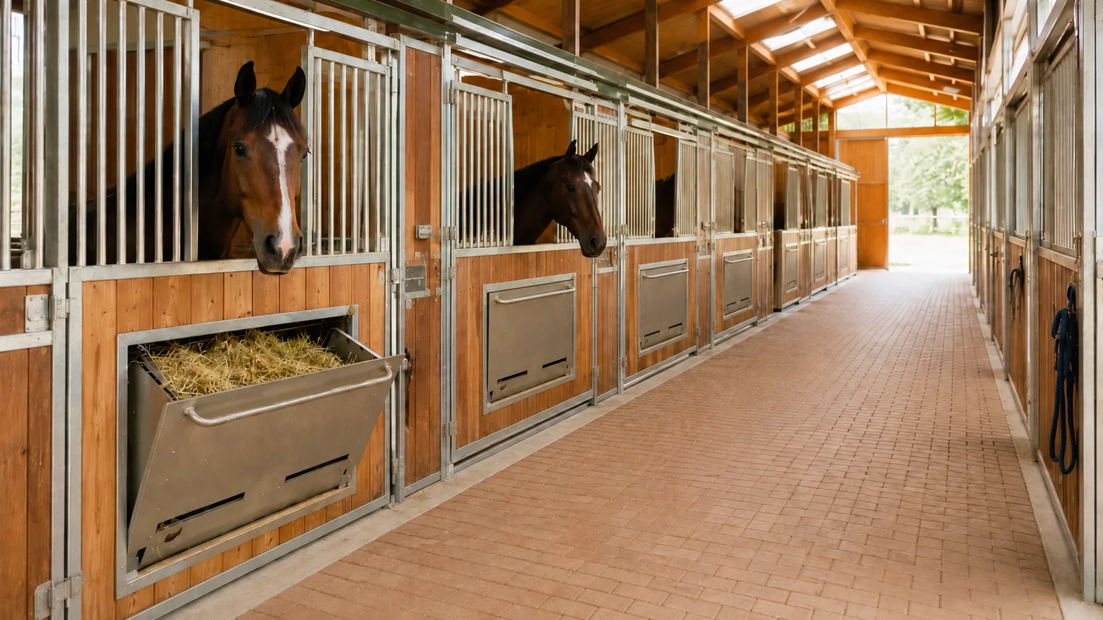 Stallgasse mit HayHo-Heuraufen in den Boxentüren